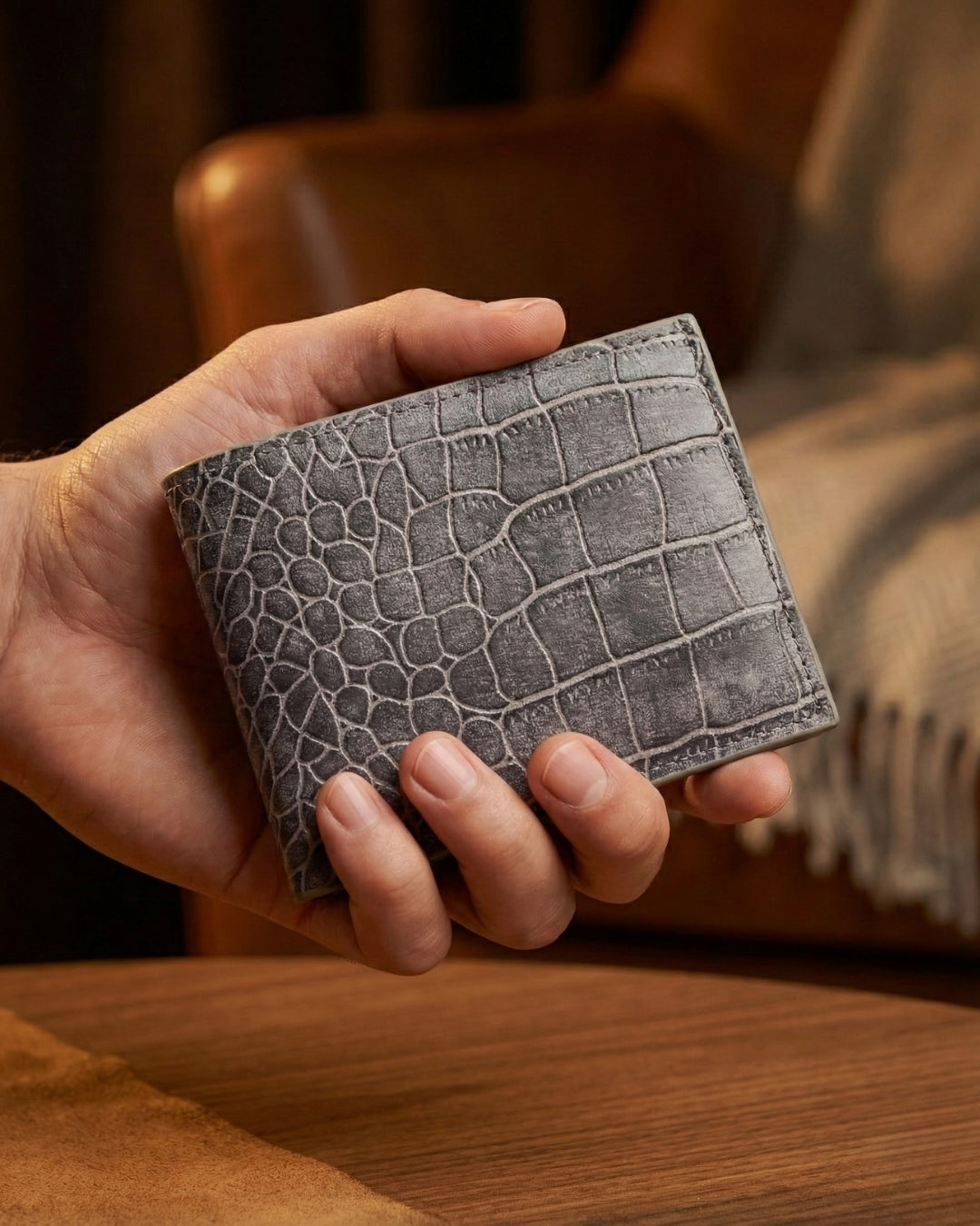 Leatheo Classic Bifold Wallet – Grey Croc Embossed